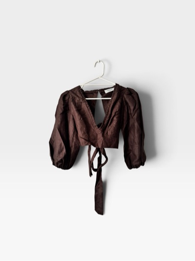 JAASE Statement Brown Linen Puff Sleeve Tie Back Crop Top Size XS BNWOT