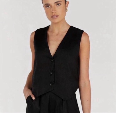 DISSH Womens Black 100% Linen Tailored Vest Size 6 Button Front Waistcoat
