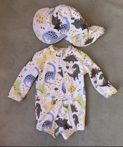 Baby berry Dinosaur print baby swimsuit & swim hat set | size 3-6m |