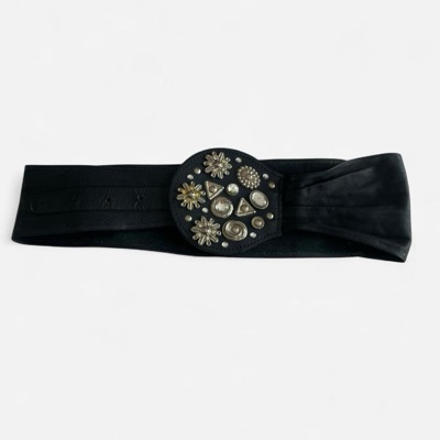 Vintage 80’s Black leather belt with rhinestones silver metal buckle