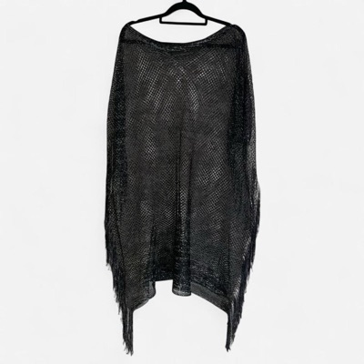 Cruise Club Black and silver metallic mesh poncho with fringe