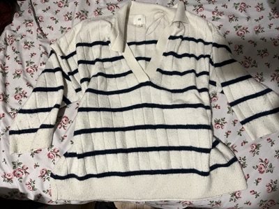 navy and cream off shoulder sweater