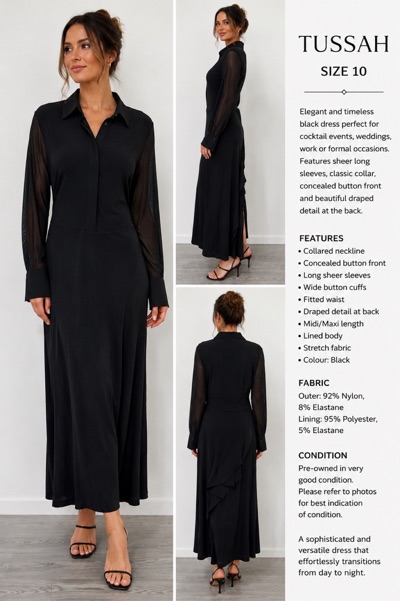 Tussah Black Long Sleeve Midi Dress Size 10 Sheer Sleeves Collared Stretch