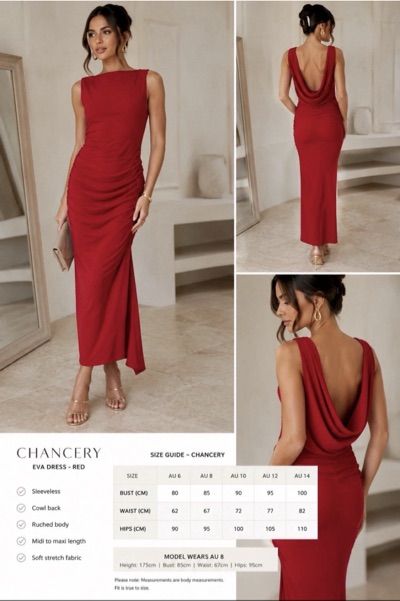 BNWT Chancery Eva Dress Red Ruched Midi Maxi Cowl Back Sleeveless AU 8 Formal