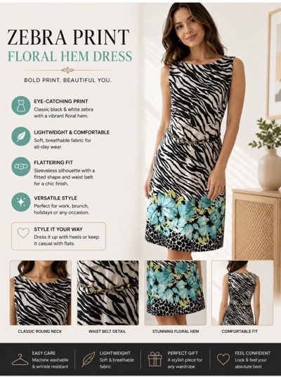 Queenspark Tiger Floral Dress Size 8 Zebra Print Knee Length Belted BNWT