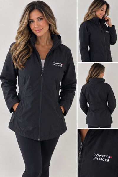 Tommy Hilfiger Women’s Black Mesh Full Zip Mid-Length Jacket Long Sleeve Size S