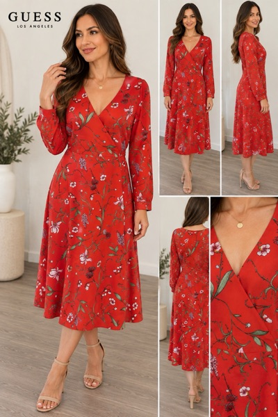 Women’s Red Floral V-Neck Long Sleeve Wrap Midi Dress Flower M
