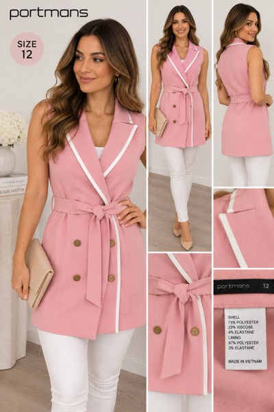 Portmans Size 12 Pink Longline Sleeveless Blazer Vest Belted White Trim
