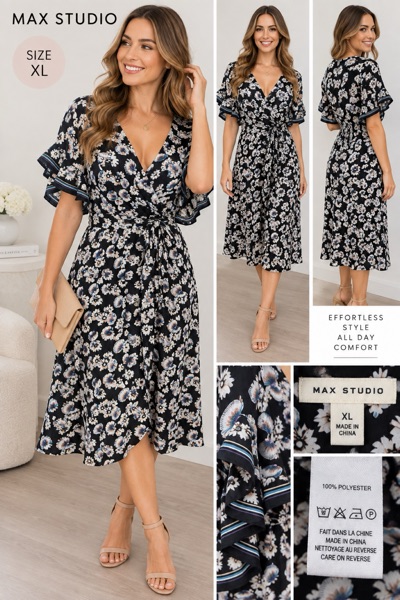 Max Studio Women’s XL Black Floral Wrap Midi Dress Ruffle Sleeve Belted
