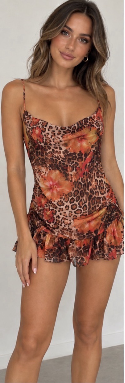 White Fox Leopard Print Chiffon dress Cowl Neck Lined Spaghetti Strap XXS