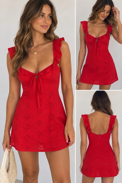 White Fox Red Broderie Eyelet Mini Dress Ruffle Tie Front 100% Cotton