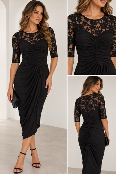 Queenspark Size 10 Black Lace Ruched Midi Dress Cocktail Evening Formal
