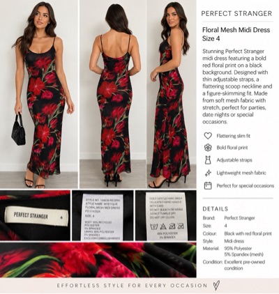 Perfect Stranger Floral Mesh Midi Dress Size 4 Black Red Floral Strappy Dress