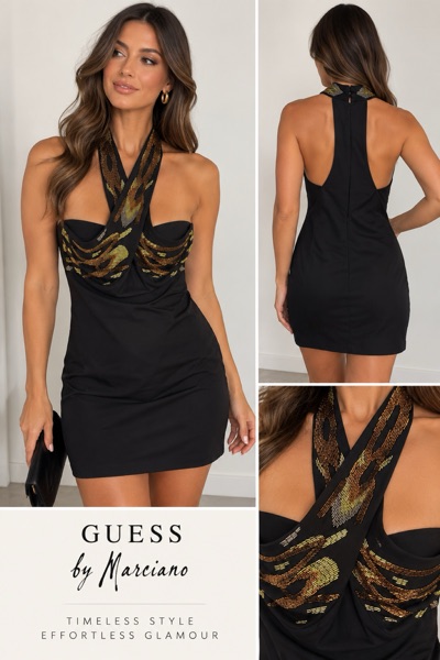 Guess by Marciano Black Beaded Halter Mini Dress Size M Cocktail Party