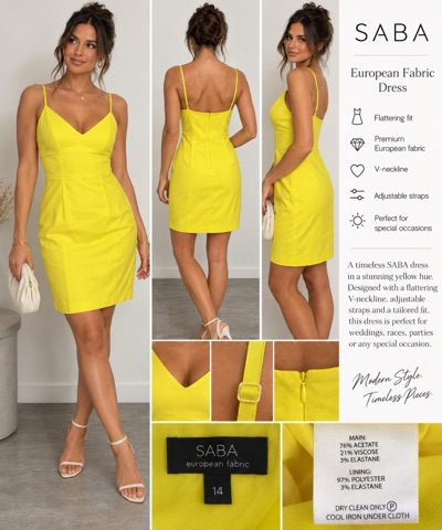 SABA European Fabric Yellow Mini Dress Size 14 Strappy Cocktail Party Dress