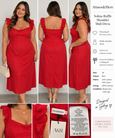 Atmos&Here Solina Red Ruffle Shoulder Linen Blend Midi Dress Size 26 BNWT