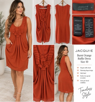 Jacqui E Burnt Orange Ruffle Pleated Dress Size 10 Sleeveless Cocktail Party