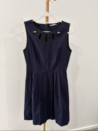 Jigsaw Navy Blue Dress Size 10 Black Trim Cut Out Neckline Sleeveless Work