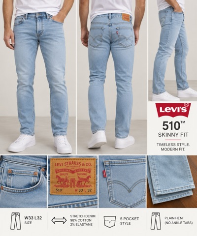Levi’s 510 Skinny Fit Men’s Jeans W33 L32 Light Blue Wash Stretch Denim 05510-07