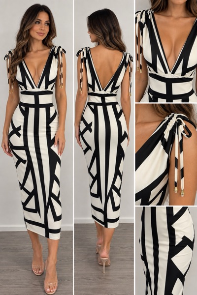 Fashion Nova XXS Black White Abstract Print Ruched Bodycon Midi Dress