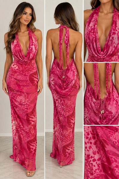 Fashion Nova Kim Mesh Leopard Maxi Dress XXS Hot Pink Halter Backless Cowl