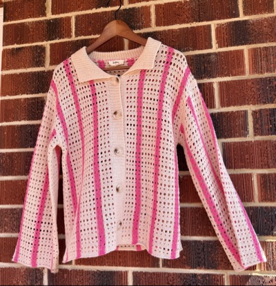 Holiday cream and pink open-knit collared cardigan / boho style