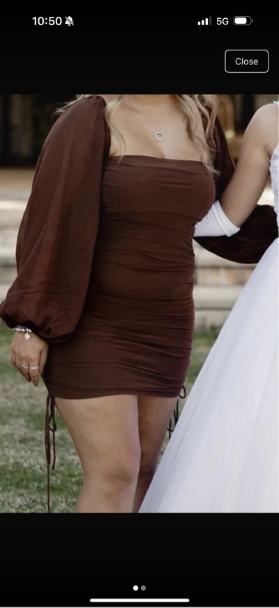 Brown ruched mini dress with balloon sleeves