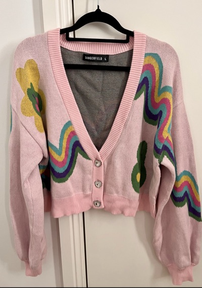Dangerfield Pastel Wavy Knit Cardigan with Heart Buttons - Size L (Never Worn)