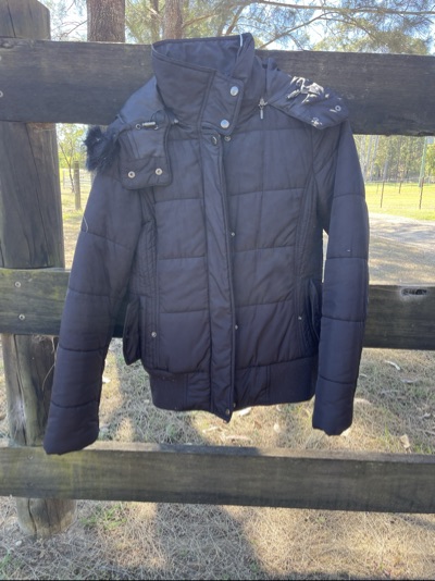 Witchery navy puffer jacket with faux-fur hood size S