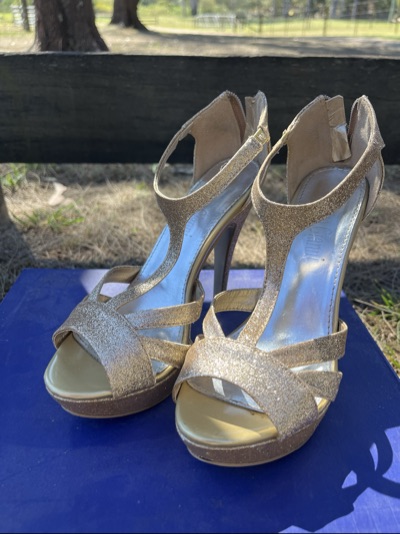 Gold glitter strappy platform heels