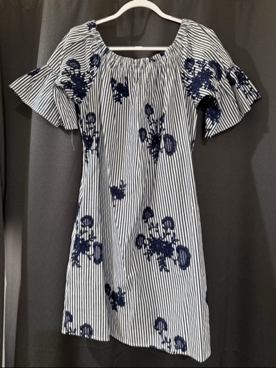 Navy and white striped embroidered dress
