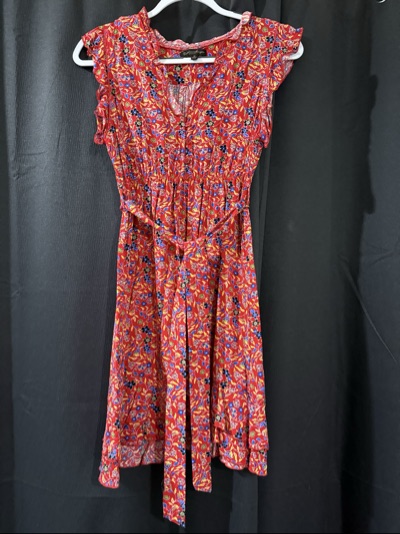 Red floral mini dress with waist tie size 12