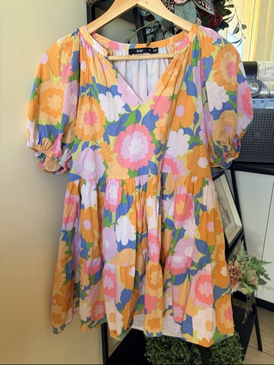 Sportsgirl Floral Tiered Mini Dress Size 10 Puff Sleeves Colourful