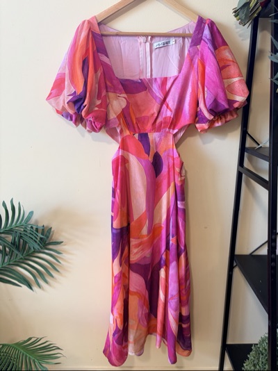 Style State Abstract Print Maxi Dress Size 8 | Pink Purple | Puff Sleeve