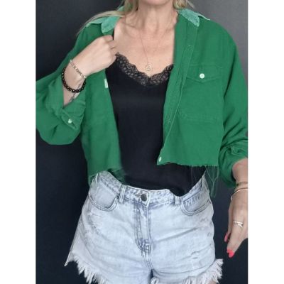 Back Fire American Smell Cropped Green Shirt Jacket - Free size