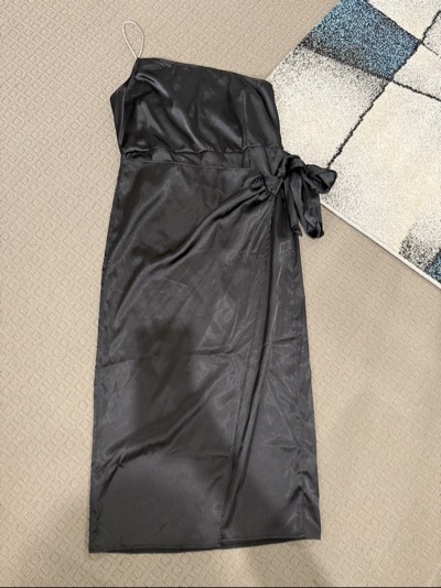 PrettyLittleThing black one-shoulder satin wrap midi dress size Uk 14