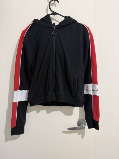 Black, red and white hooded zip-up jacket size UK 10