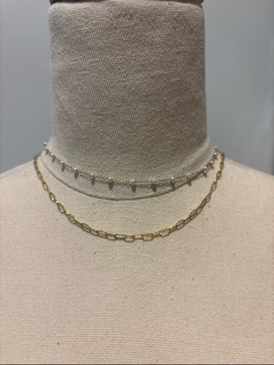 Gold-tone layered chain necklace with white beads