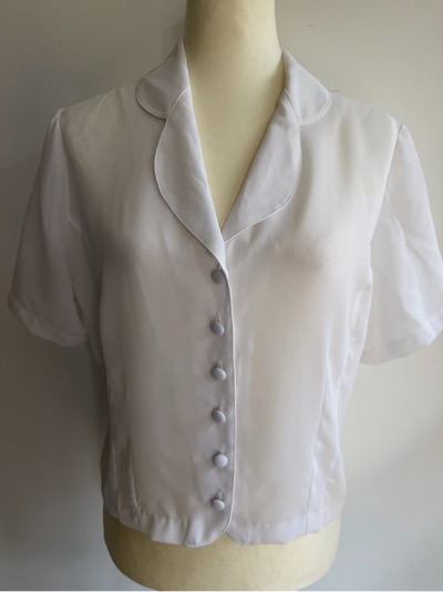 Original Vintage White Short Sleeve Blouse with Trim Shawl Collar