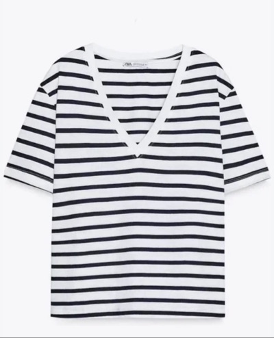 Zara 100% Cotton Striped V-Neck T-Shirt - Navy & White Breton Tee