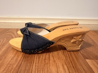 Lucky Lou black denim wedge sandals size 9