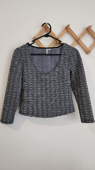 ASOS Textured Grid Long Sleeve Scoop Neck Top in Blue & White (Size UK 6 / EU 34