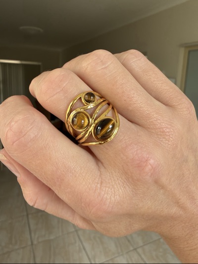 NEW Stainless Steel Gold-tone statement resizable ring with tiger eyes stones