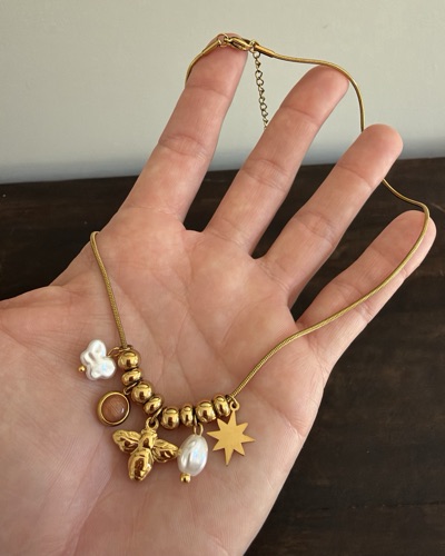 NEW Stainless steel Gold-tone charm necklace with bee and star charms