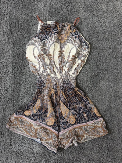 Paisley halter romper with braided tie straps