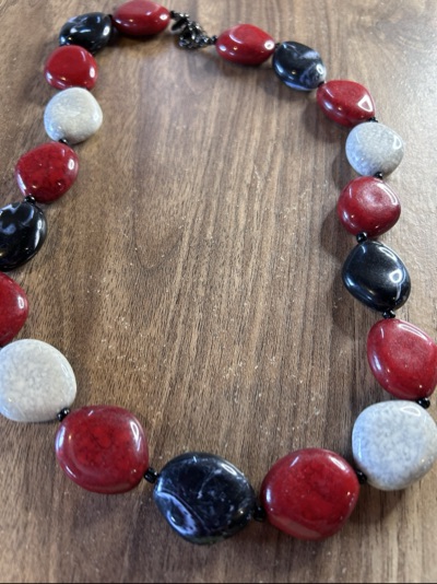 Red, black and white beaded necklace