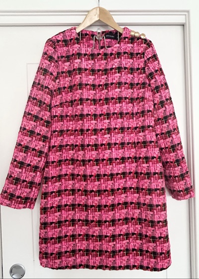 DECJUBA Victoria Beckham pink and black woven tweed mini dress