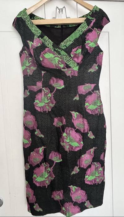 Moss & Spy size 10 Black dress with pink and green floral prints