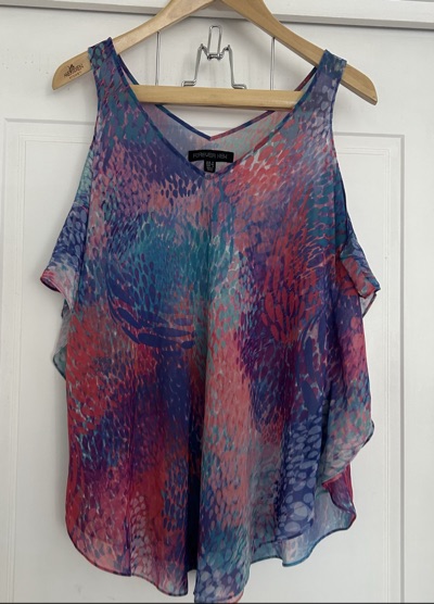 Forever New blue, Pink, and purple abstract floral print blouse Size 6