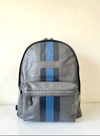 Preowned Authentic Coach Large Gray Leather with blue stripes Backpack